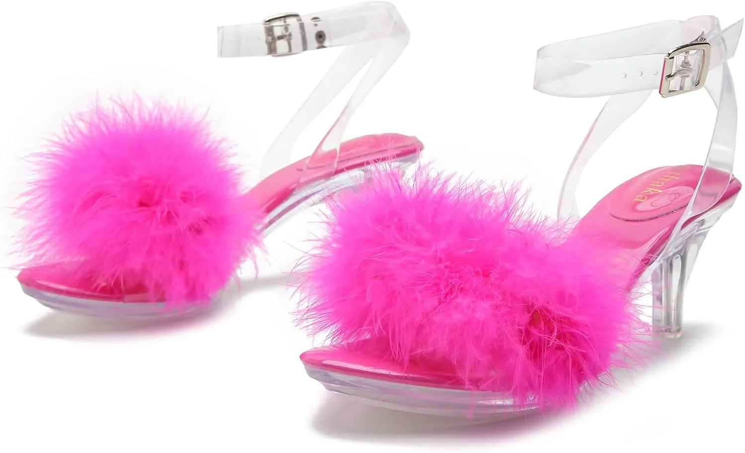 Women's Fuzzy Clear Heels Ankle Strap Stiletto Sandals Fluffy Feather Slip On High Heeled Party Prom Dresses Shoes