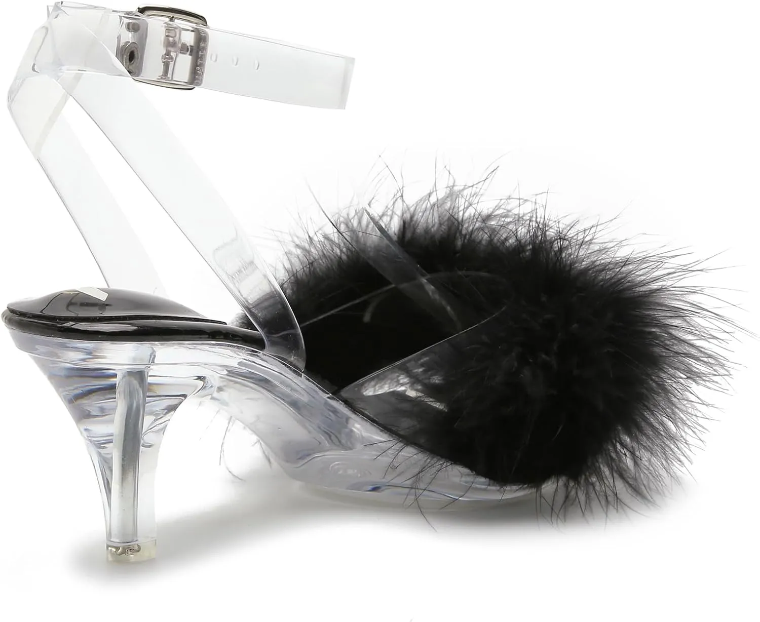 Women's Fuzzy Clear Heels Ankle Strap Stiletto Sandals Fluffy Feather Slip On High Heeled Party Prom Dresses Shoes