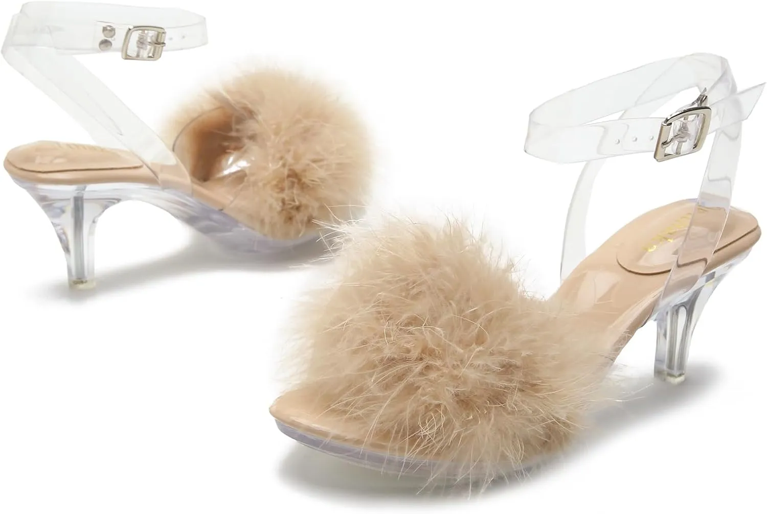 Women's Fuzzy Clear Heels Ankle Strap Stiletto Sandals Fluffy Feather Slip On High Heeled Party Prom Dresses Shoes