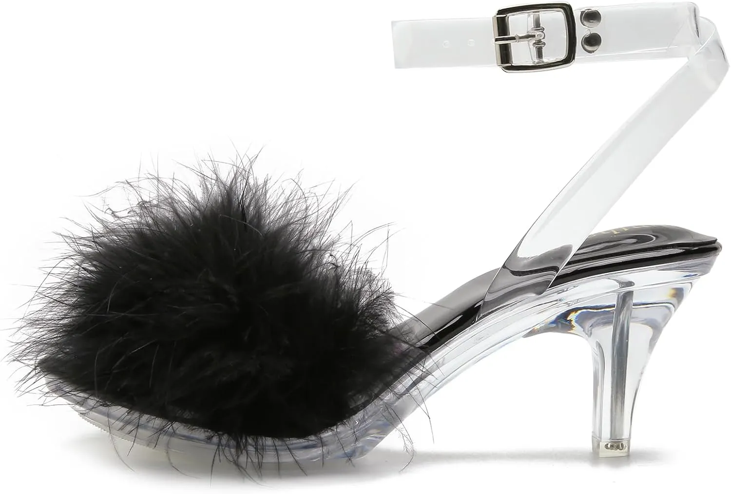 Women's Fuzzy Clear Heels Ankle Strap Stiletto Sandals Fluffy Feather Slip On High Heeled Party Prom Dresses Shoes