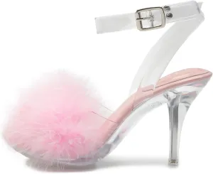 Women's Fuzzy Clear Heels Ankle StrapStilettos Heels Mules Sandals Fluffy Feather Slip On High Heeled Party Prom Dresses Shoes