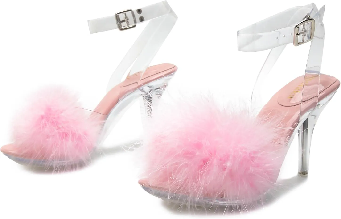 Women's Fuzzy Clear Heels Ankle StrapStilettos Heels Mules Sandals Fluffy Feather Slip On High Heeled Party Prom Dresses Shoes