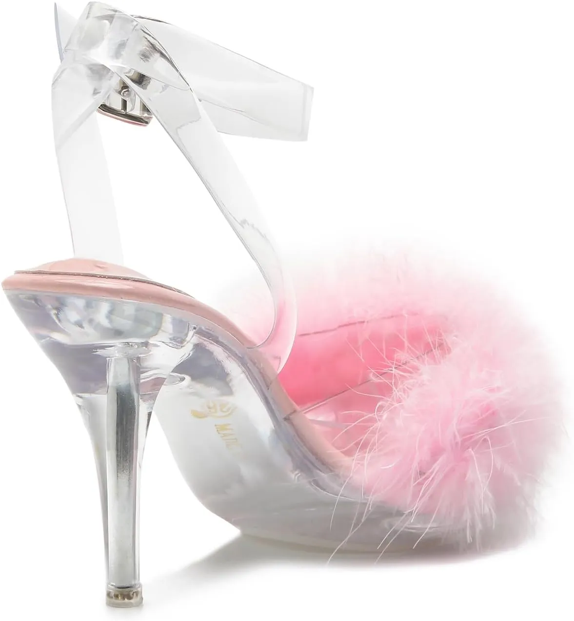 Women's Fuzzy Clear Heels Ankle StrapStilettos Heels Mules Sandals Fluffy Feather Slip On High Heeled Party Prom Dresses Shoes