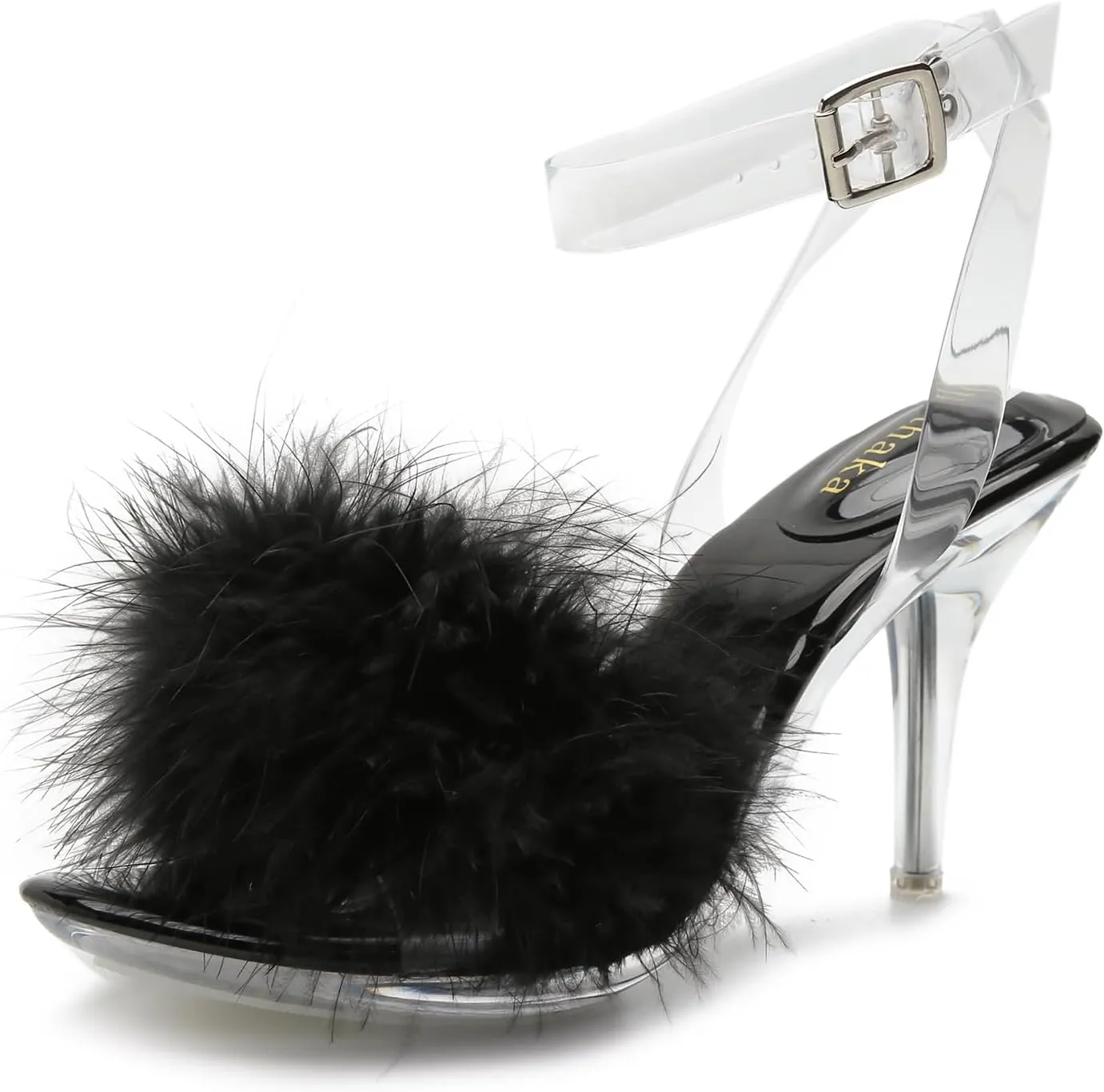 Women's Fuzzy Clear Heels Ankle StrapStilettos Heels Mules Sandals Fluffy Feather Slip On High Heeled Party Prom Dresses Shoes