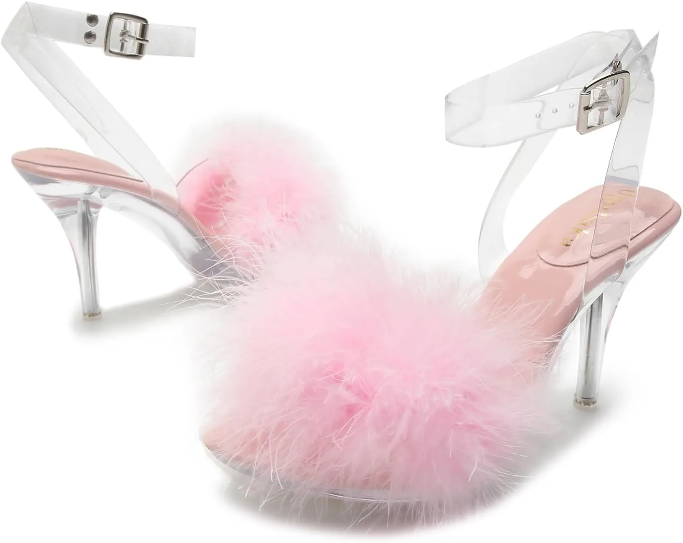 Women's Fuzzy Clear Heels Ankle StrapStilettos Heels Mules Sandals Fluffy Feather Slip On High Heeled Party Prom Dresses Shoes