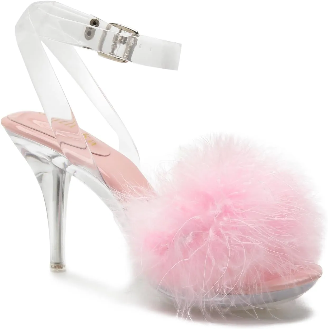 Women's Fuzzy Clear Heels Ankle StrapStilettos Heels Mules Sandals Fluffy Feather Slip On High Heeled Party Prom Dresses Shoes