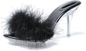 Women's Fuzzy Slippers Clear Heels Pointed Toe Stilettos Heels Mules Sandals Fluffy Feather Slip On High Heeled Party Prom Dresses Shoes