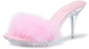 Women's Fuzzy Slippers Clear Heels Pointed Toe Stilettos Heels Mules Sandals Fluffy Feather Slip On High Heeled Party Prom Dresses Shoes