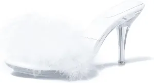 Women's Fuzzy Slippers Clear Heels Pointed Toe Stilettos Heels Mules Sandals Fluffy Feather Slip On High Heeled Party Prom Dresses Shoes