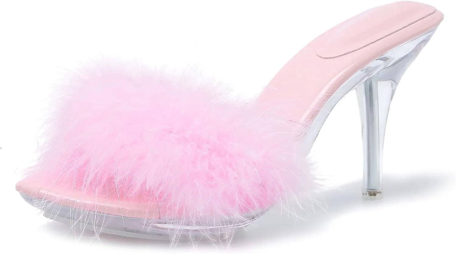 Women's Fuzzy Slippers Clear Heels Pointed Toe Stilettos Heels Mules Sandals Fluffy Feather Slip On High Heeled Party Prom Dresses Shoes