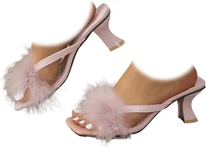 Women's Fuzzy Slippers Heels Square Toe Stilettos Heels Mules Sandals Fluffy Feather Slip On High Heeled Wedding Bridal Party Shoes