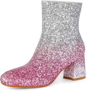 Women's Glitter Ankle Boots Sequin Sparkly Booties Block Heel Side Zip Zipper Wedding Party Dress Shoes