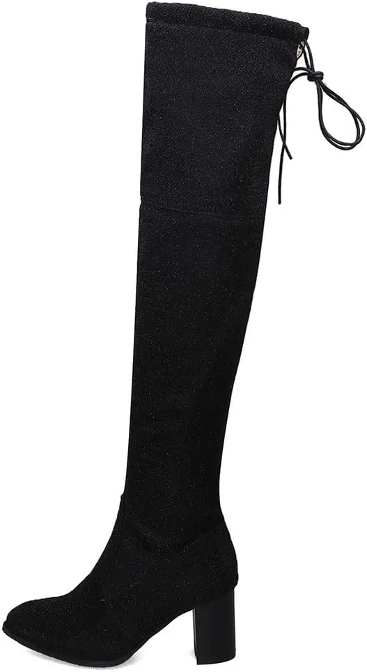 Womens Glitter Thigh High Stretch Over The Knee Chunky Heel Boots