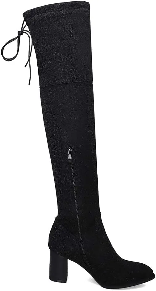 Womens Glitter Thigh High Stretch Over The Knee Chunky Heel Boots