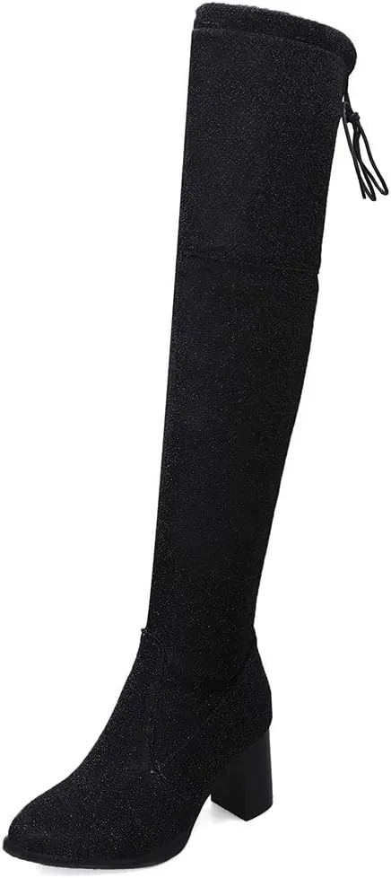 Womens Glitter Thigh High Stretch Over The Knee Chunky Heel Boots