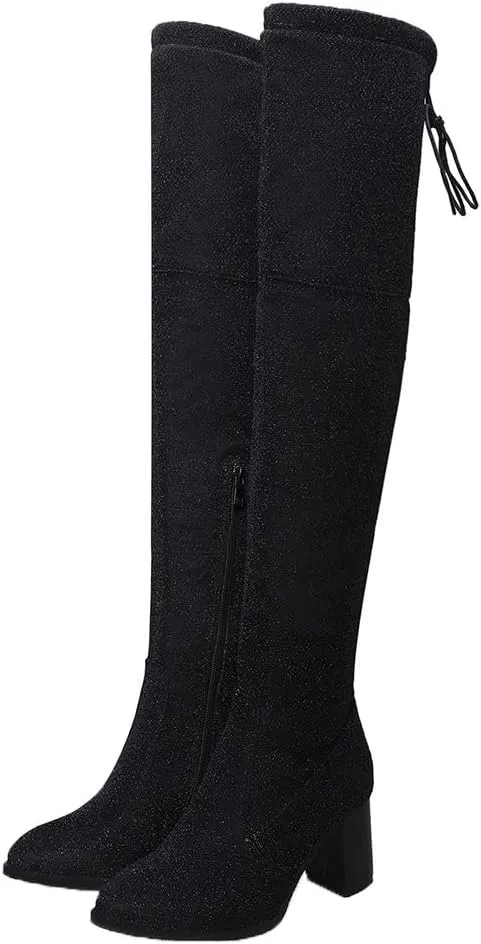 Womens Glitter Thigh High Stretch Over The Knee Chunky Heel Boots