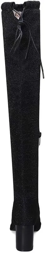 Womens Glitter Thigh High Stretch Over The Knee Chunky Heel Boots