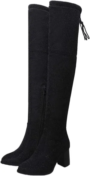 Womens Glitter Thigh High Stretch Over The Knee Chunky Heel Boots