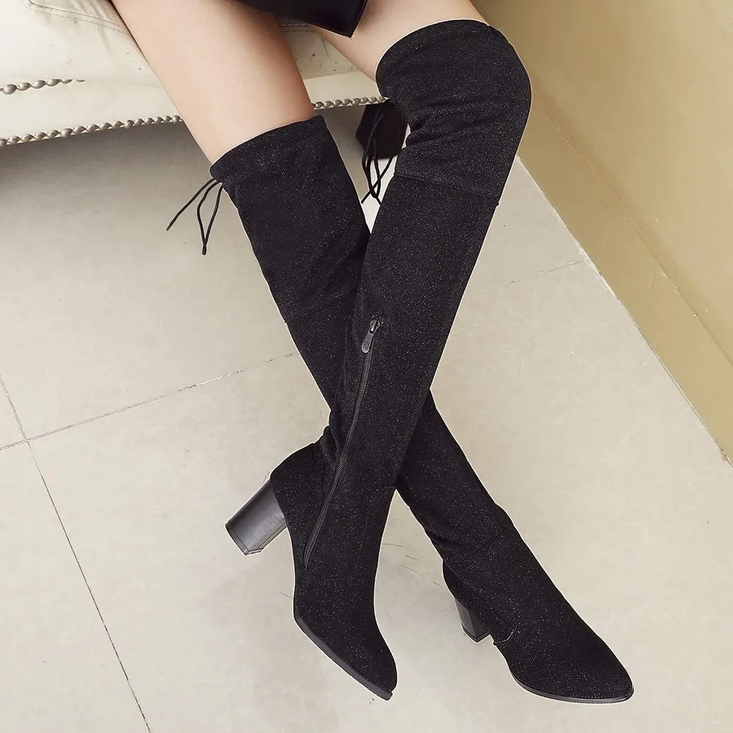 Womens Glitter Thigh High Stretch Over The Knee Chunky Heel Boots