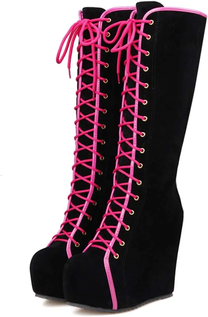 Womens Hidden Wedge Knee High Lace Up Platform Boots with Zip