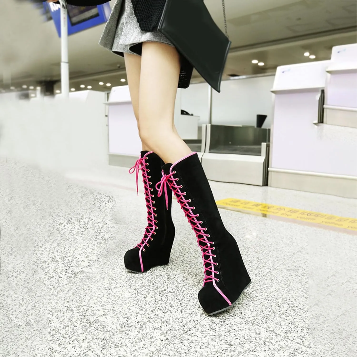 Womens Hidden Wedge Knee High Lace Up Platform Boots with Zip