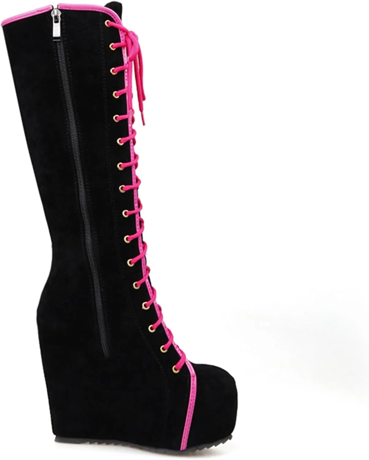 Womens Hidden Wedge Knee High Lace Up Platform Boots with Zip