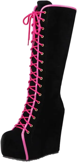 Womens Hidden Wedge Knee High Lace Up Platform Boots with Zip