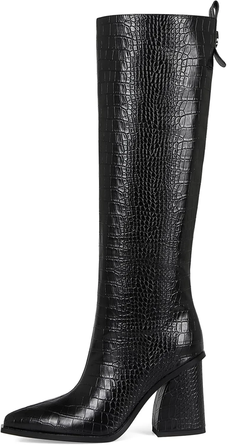 Women's Knee High Boots Block Chunky Heel Pointed Toe Tall Boots for Women High Heel Side Zipper Long Boots