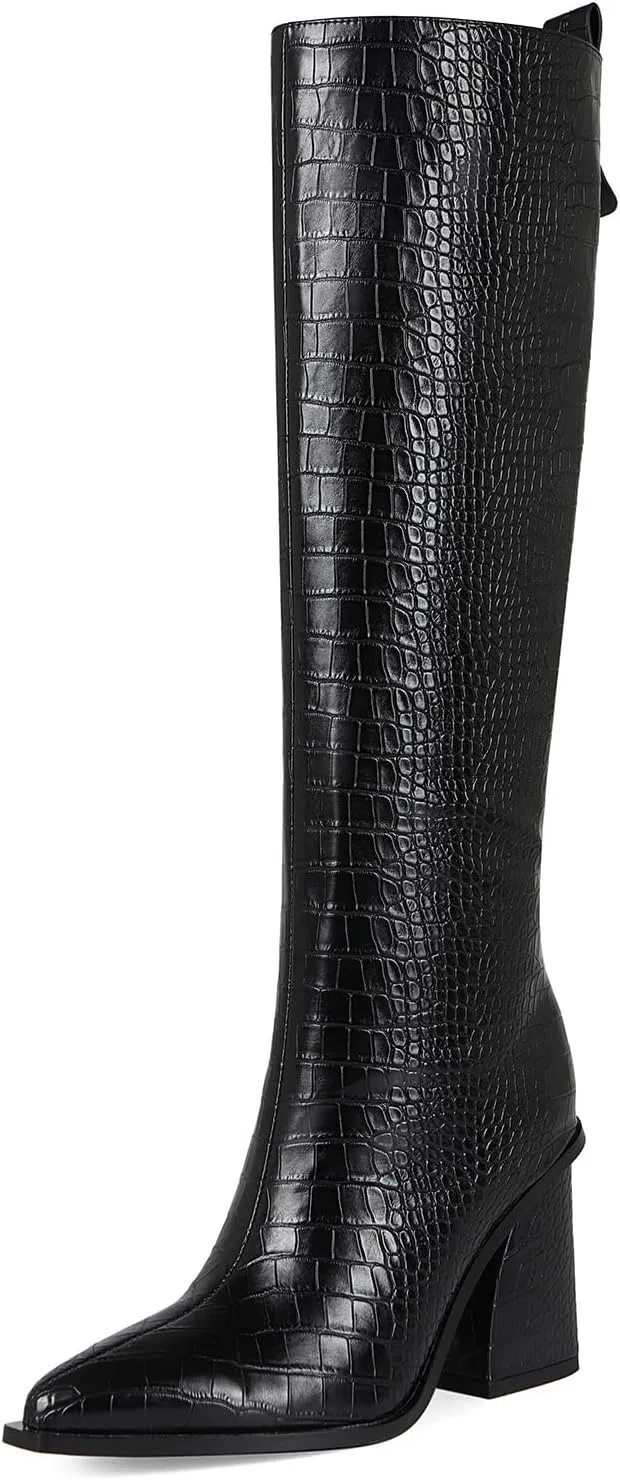 Women's Knee High Boots Block Chunky Heel Pointed Toe Tall Boots for Women High Heel Side Zipper Long Boots