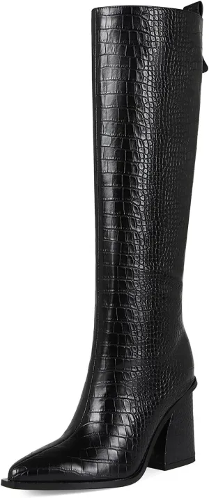 Women's Knee High Boots Block Chunky Heel Pointed Toe Tall Boots for Women High Heel Side Zipper Long Boots