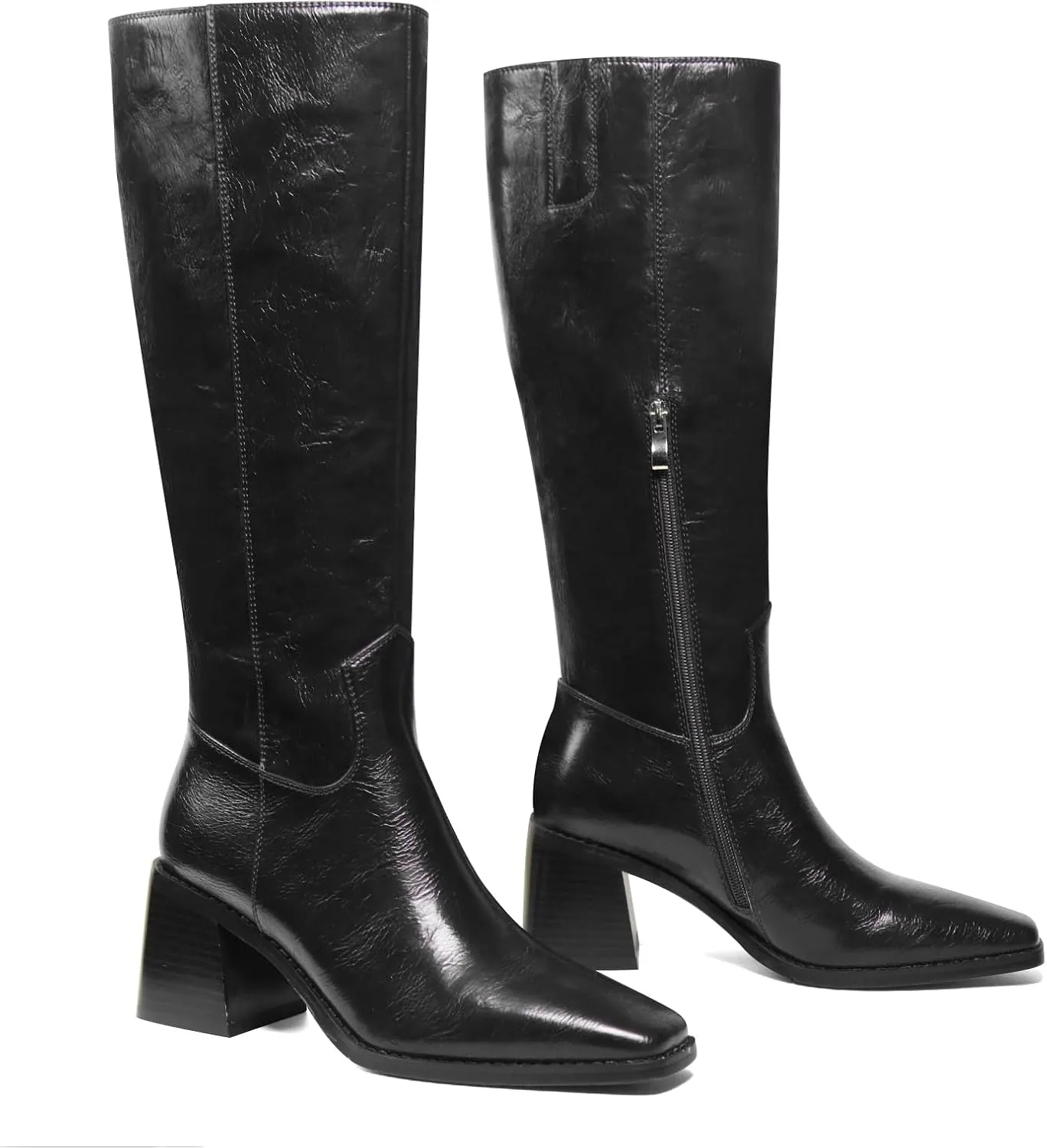 Women's Knee High Boots Chunky Heel Square Toe Tall Boots High Block Heel Side Zipper Fashion Long Boots