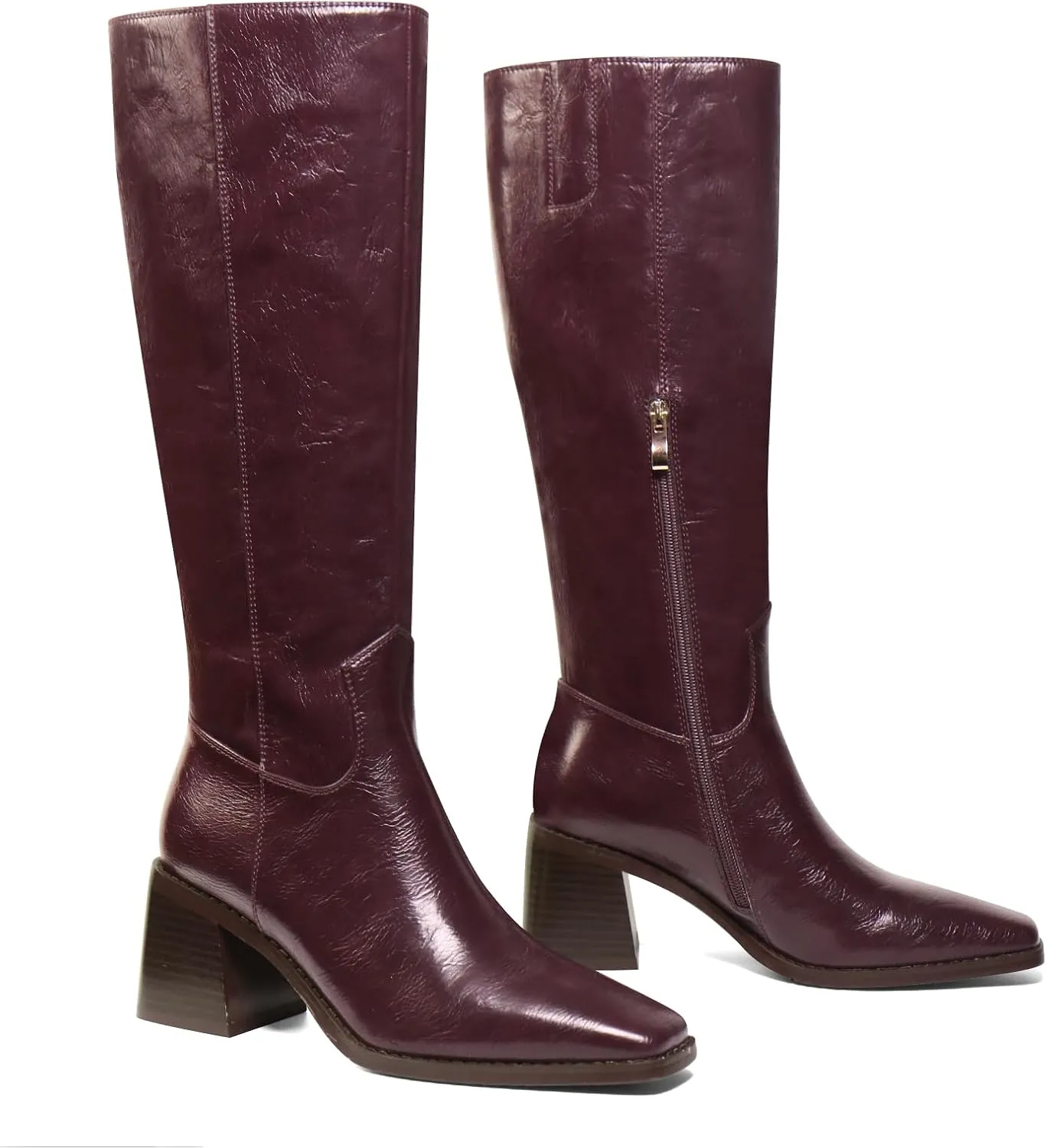 Women's Knee High Boots Chunky Heel Square Toe Tall Boots High Block Heel Side Zipper Fashion Long Boots