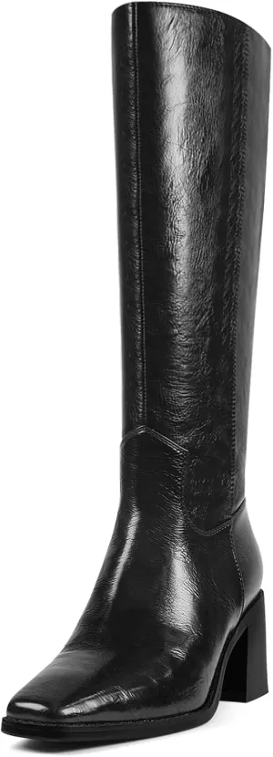 Women's Knee High Boots Chunky Heel Square Toe Tall Boots High Block Heel Side Zipper Fashion Long Boots