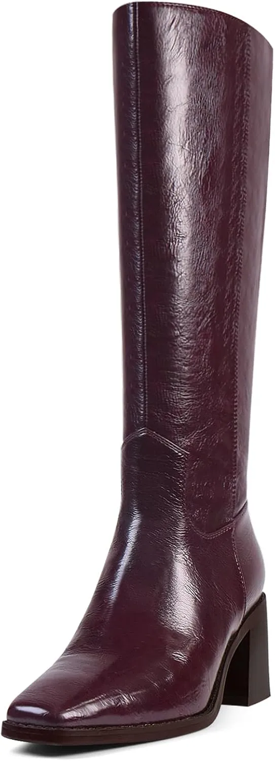Women's Knee High Boots Chunky Heel Square Toe Tall Boots High Block Heel Side Zipper Fashion Long Boots
