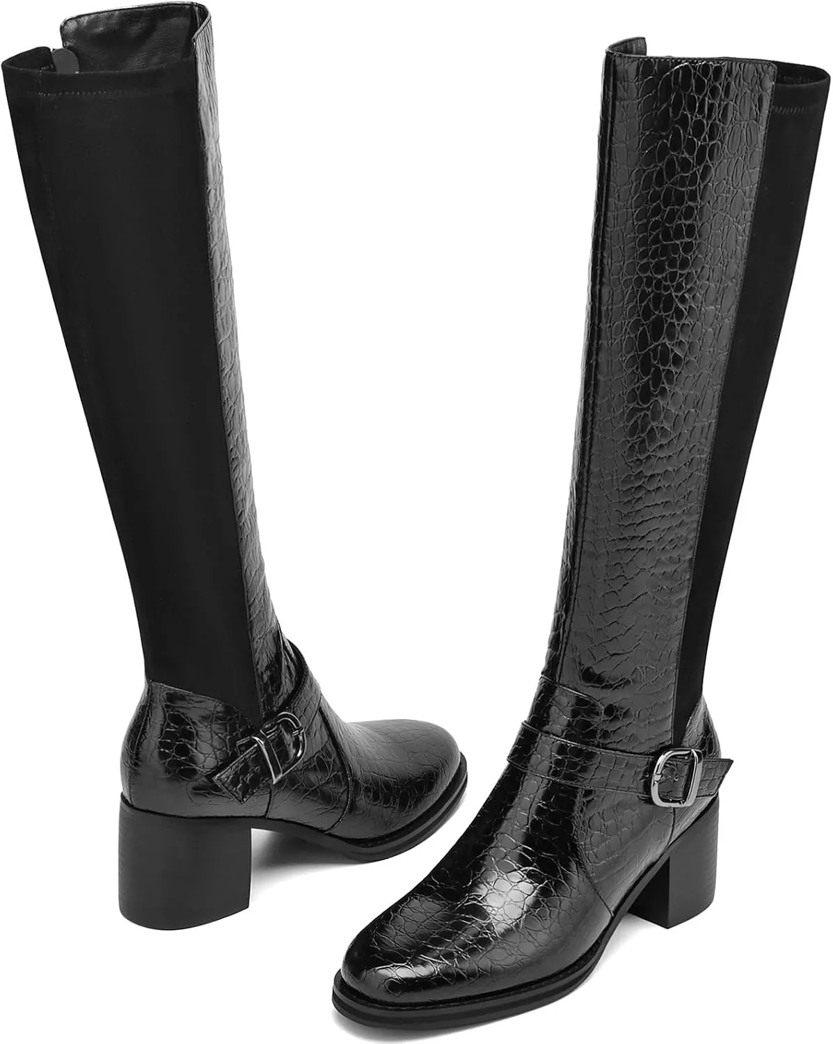 Womens Knee High Boots Chunky Low Heel Tall Boots Faux Leather Crocodile Boots Long Riding Boots
