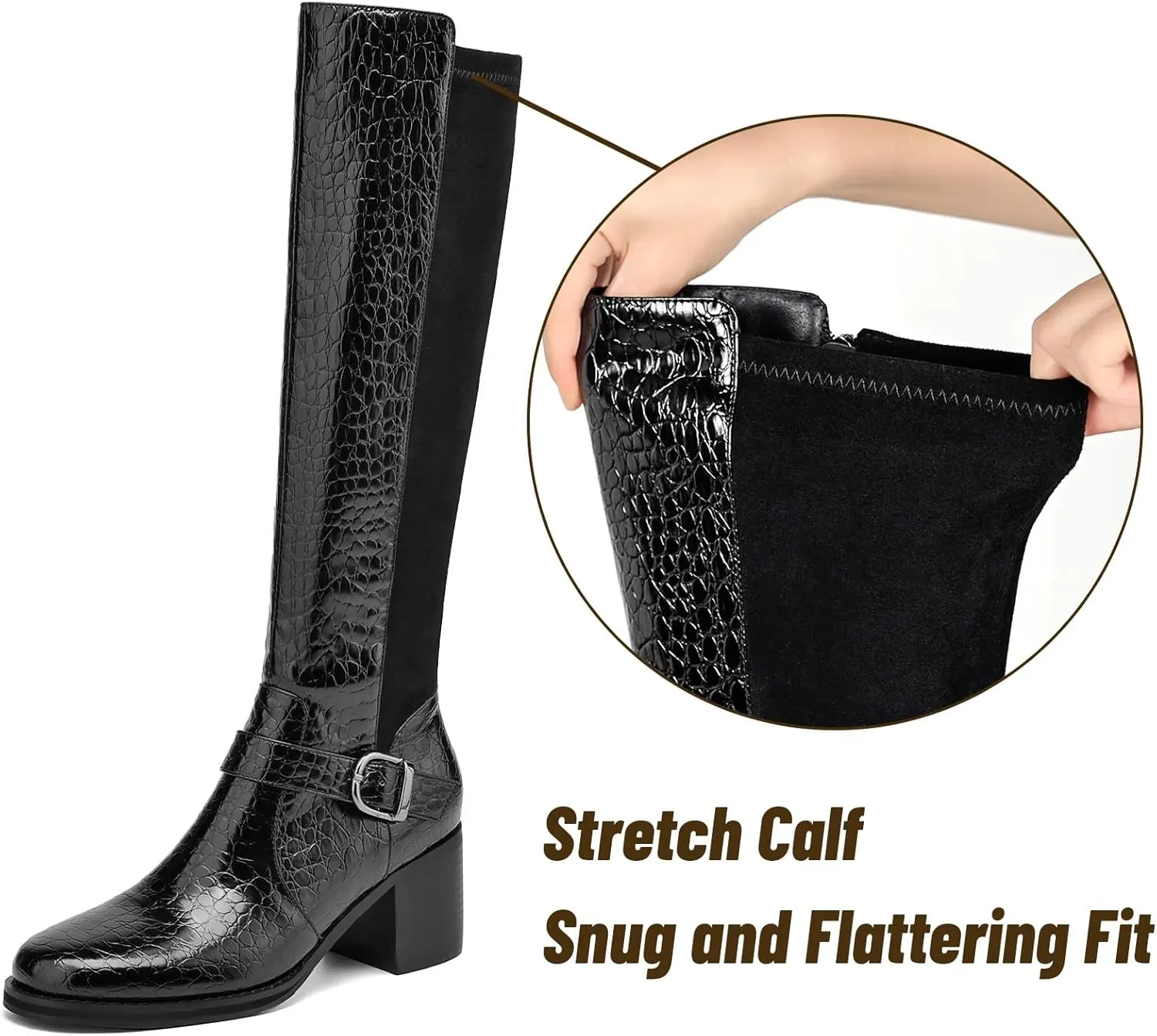 Womens Knee High Boots Chunky Low Heel Tall Boots Faux Leather Crocodile Boots Long Riding Boots