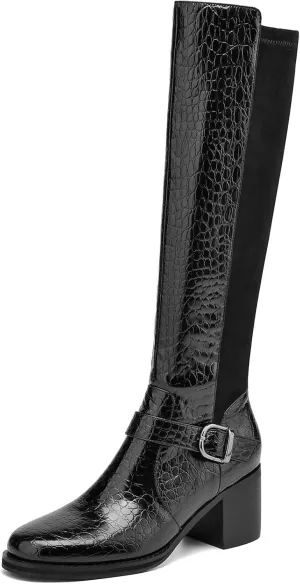 Womens Knee High Boots Chunky Low Heel Tall Boots Faux Leather Crocodile Boots Long Riding Boots