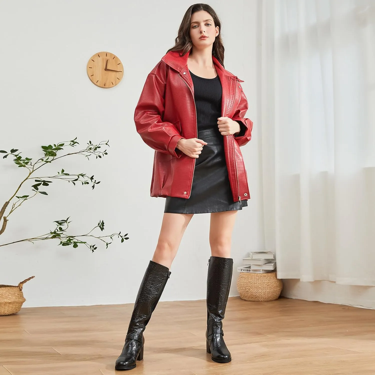 Womens Knee High Boots Chunky Low Heel Tall Boots Faux Leather Crocodile Boots Long Riding Boots