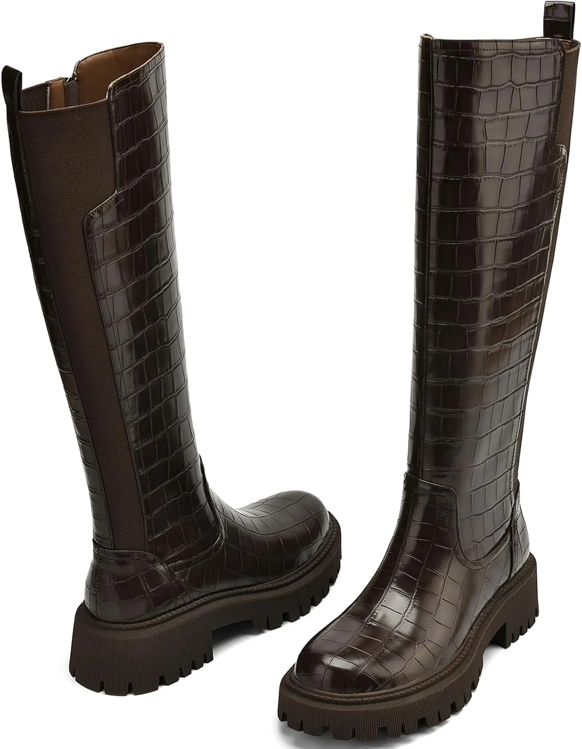 Women's Knee High Boots Fashion Platform Lug Sole Tall Riding Boots Comfortable Stretch Calf Dress Long Boots