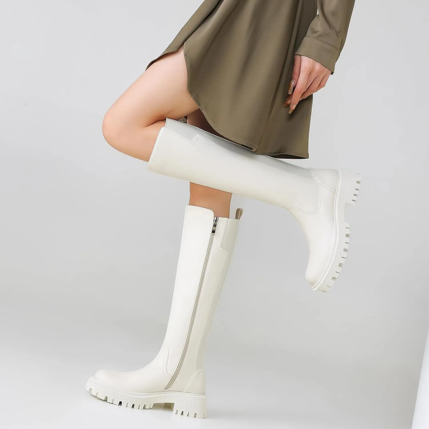 Women's Knee High Boots Fashion Platform Lug Sole Tall Riding Boots Comfortable Stretch Calf Dress Long Boots