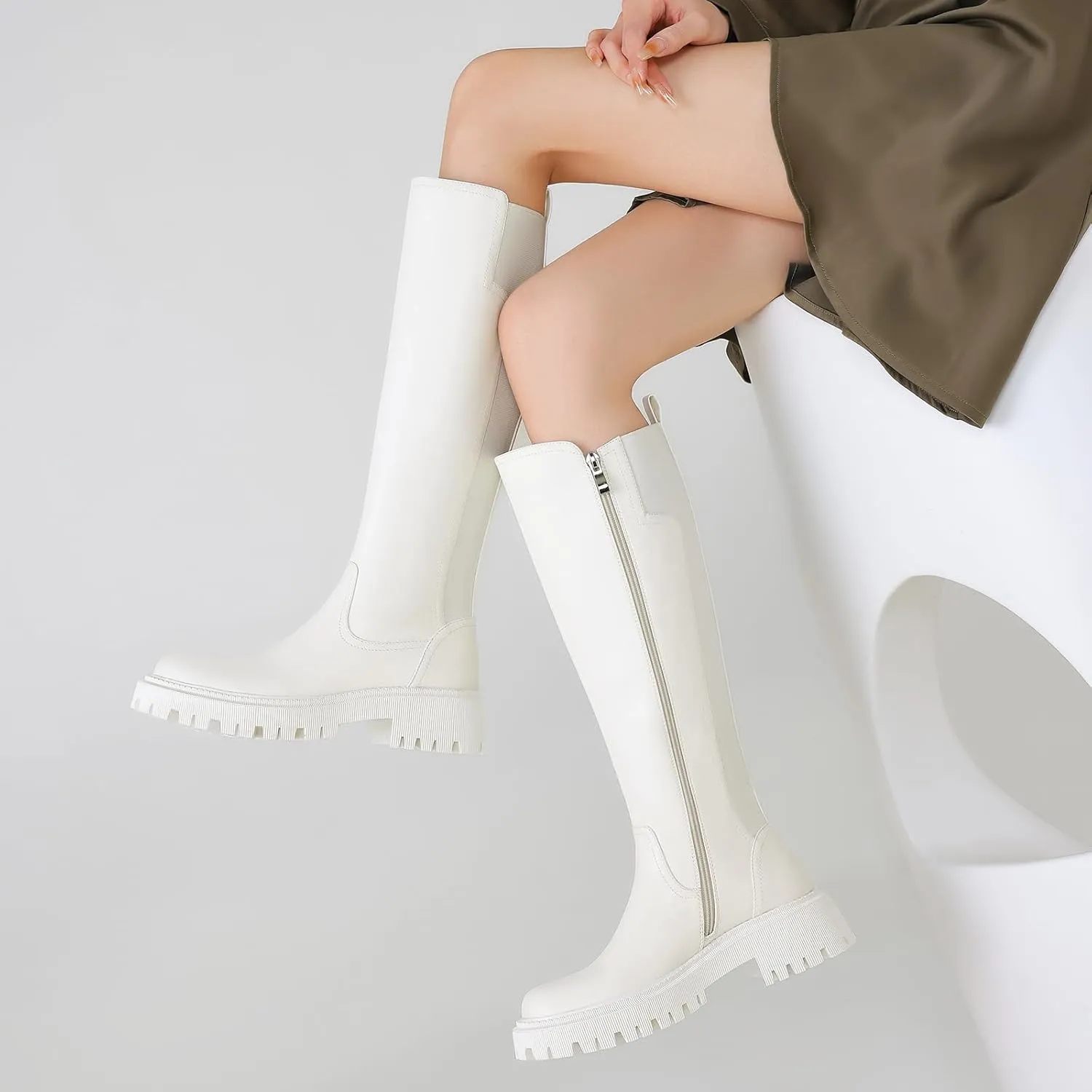 Women's Knee High Boots Fashion Platform Lug Sole Tall Riding Boots Comfortable Stretch Calf Dress Long Boots