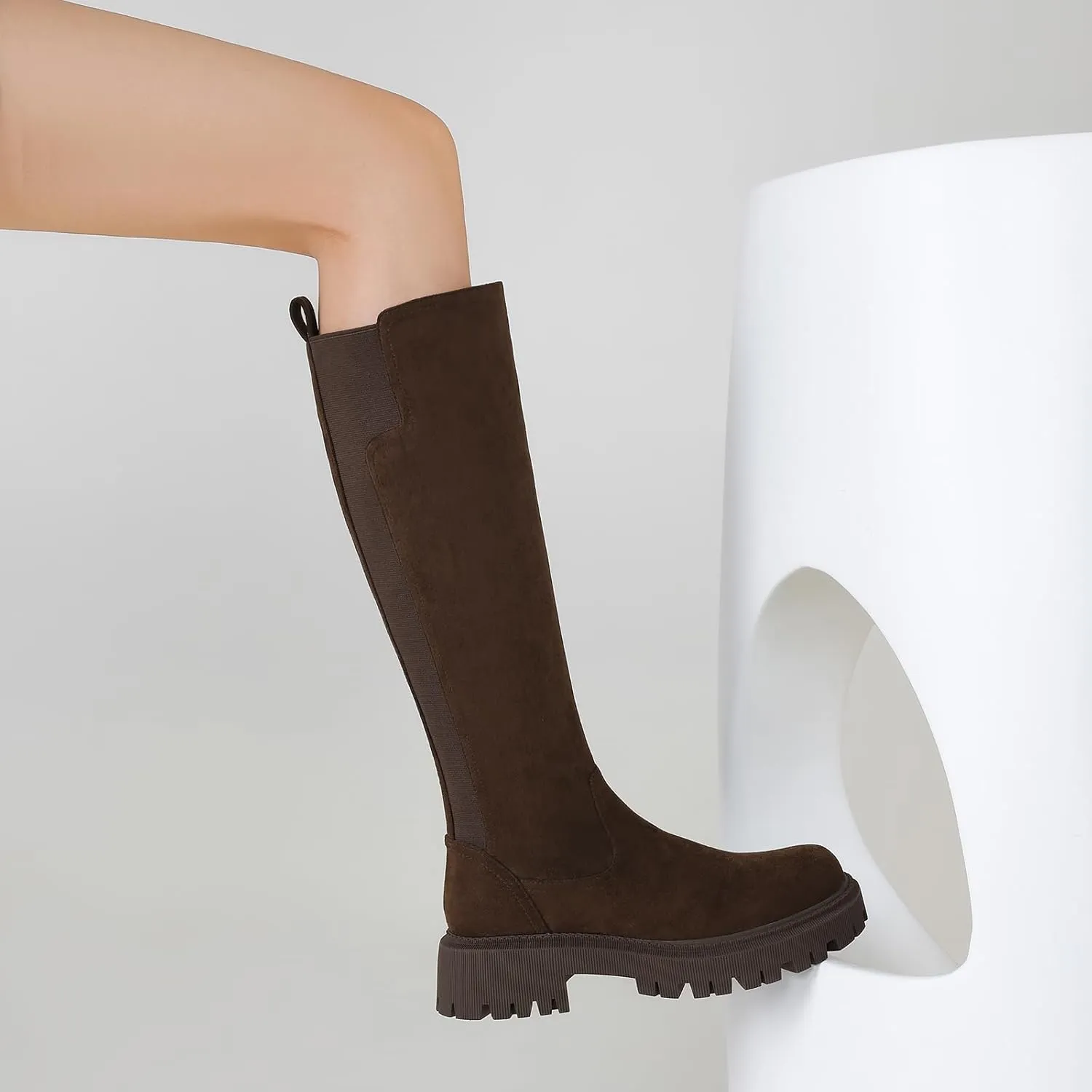 Women's Knee High Boots Fashion Platform Lug Sole Tall Riding Boots Comfortable Stretch Calf Dress Long Boots