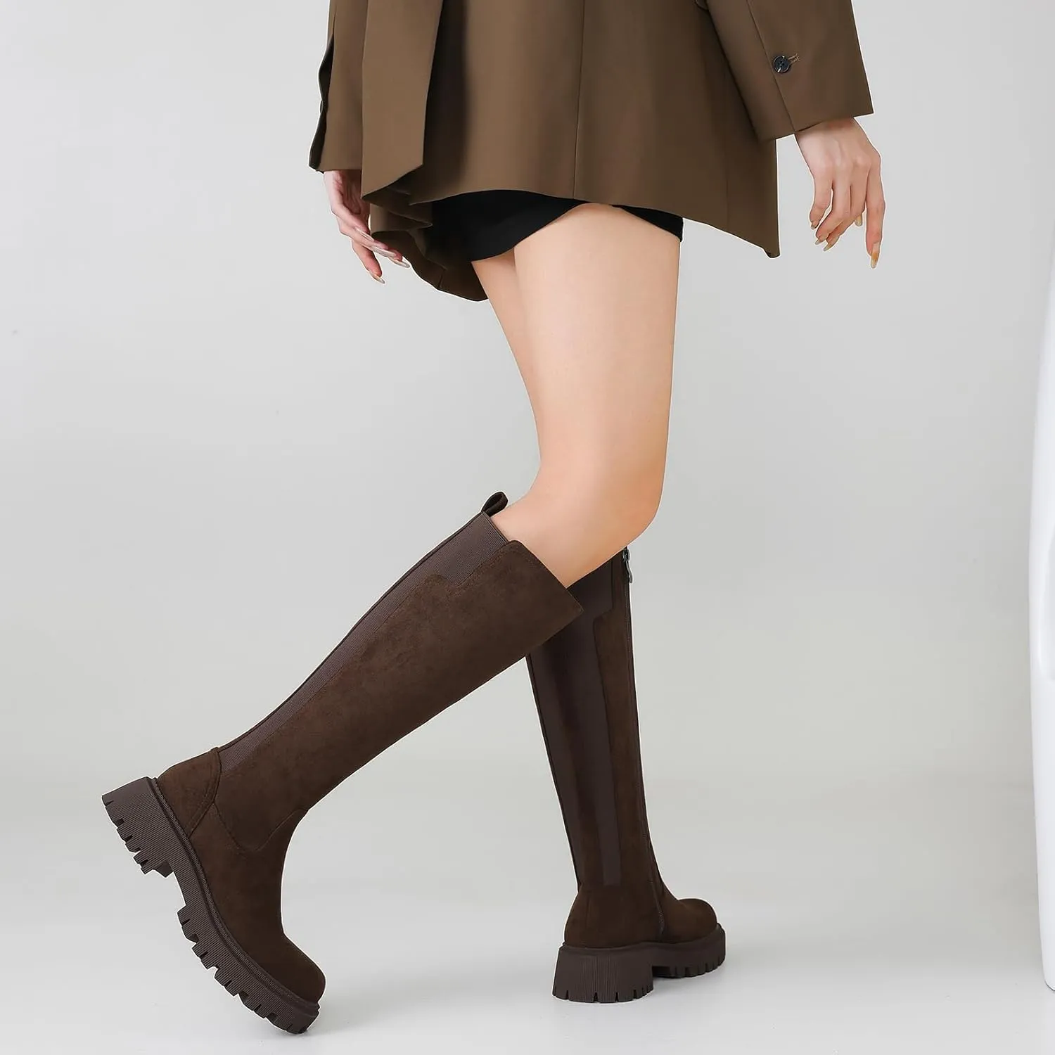Women's Knee High Boots Fashion Platform Lug Sole Tall Riding Boots Comfortable Stretch Calf Dress Long Boots