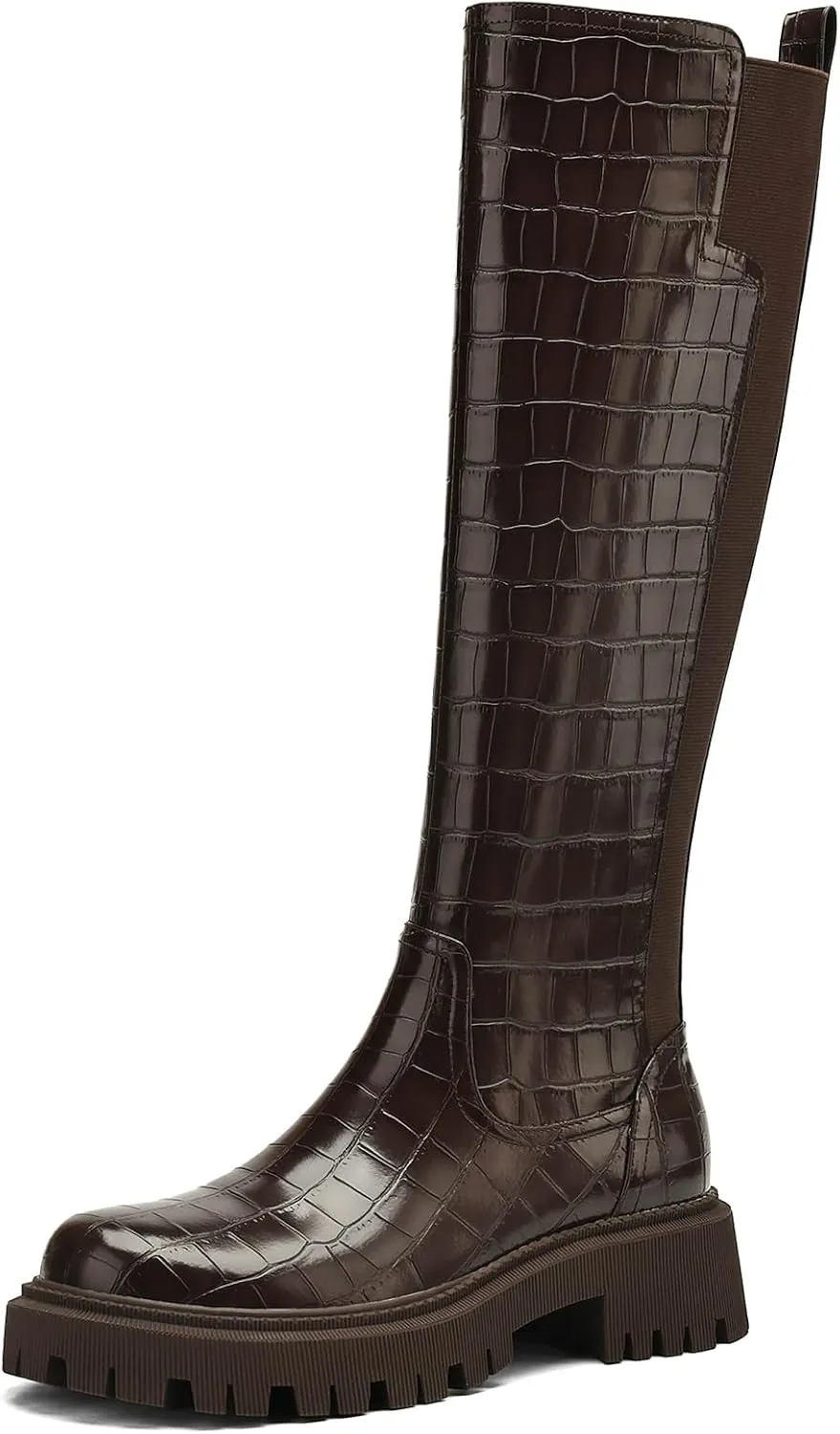 Women's Knee High Boots Fashion Platform Lug Sole Tall Riding Boots Comfortable Stretch Calf Dress Long Boots