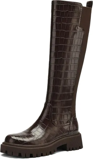 Women's Knee High Boots Fashion Platform Lug Sole Tall Riding Boots Comfortable Stretch Calf Dress Long Boots