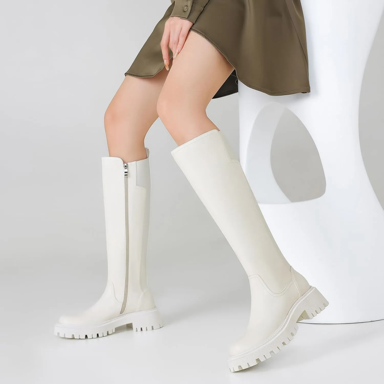 Women's Knee High Boots Fashion Platform Lug Sole Tall Riding Boots Comfortable Stretch Calf Dress Long Boots