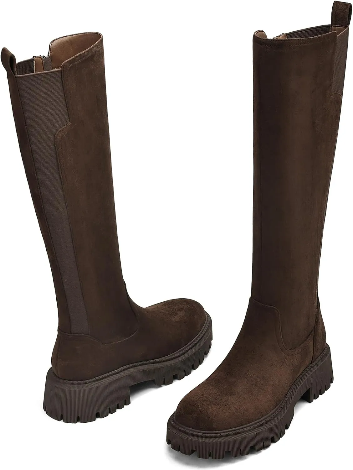 Women's Knee High Boots Fashion Platform Lug Sole Tall Riding Boots Comfortable Stretch Calf Dress Long Boots