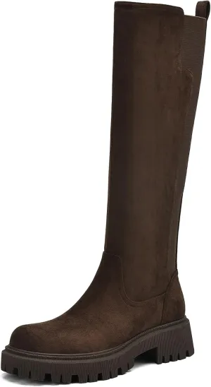 Women's Knee High Boots Fashion Platform Lug Sole Tall Riding Boots Comfortable Stretch Calf Dress Long Boots