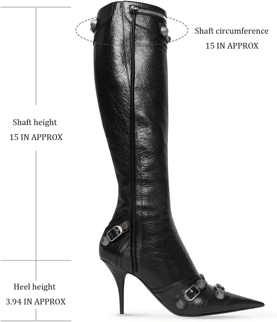 Women's Knee High Boots Pointed Toe Tassel Black Leather Boots Stilettos High Heel Boots Fashion Trendy Shark Boots Side Zipper