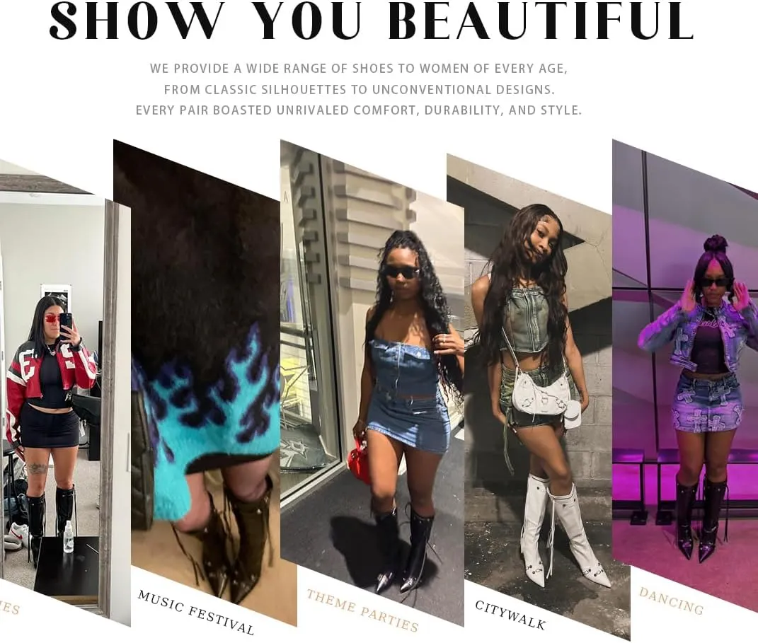 Women's Knee High Boots Pointed Toe Tassel Black Leather Boots Stilettos High Heel Boots Fashion Trendy Shark Boots Side Zipper